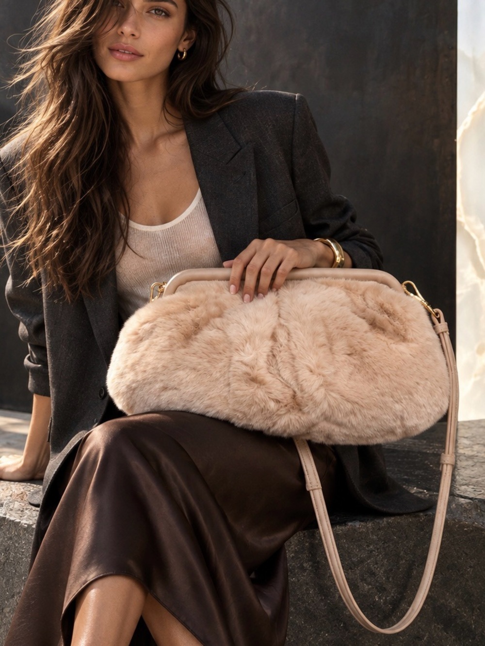 Anthropologie Dolce Vita NWT Oversized Faux Fur Clutch Crossbody Blush Pink